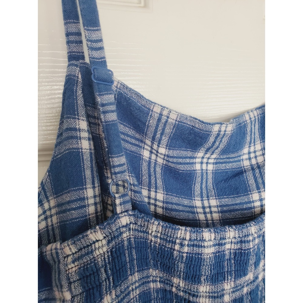 Linen Blend Jumpsuit Blue Plaid Smocked Bodice Sleeveless Wide Leg Crop XL - Picture 7 of 9